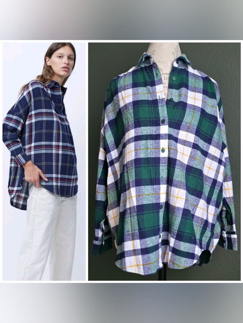 French Connection Flannel Rhodes Oversized Plaid Check Shirt, XS, Green Plaid